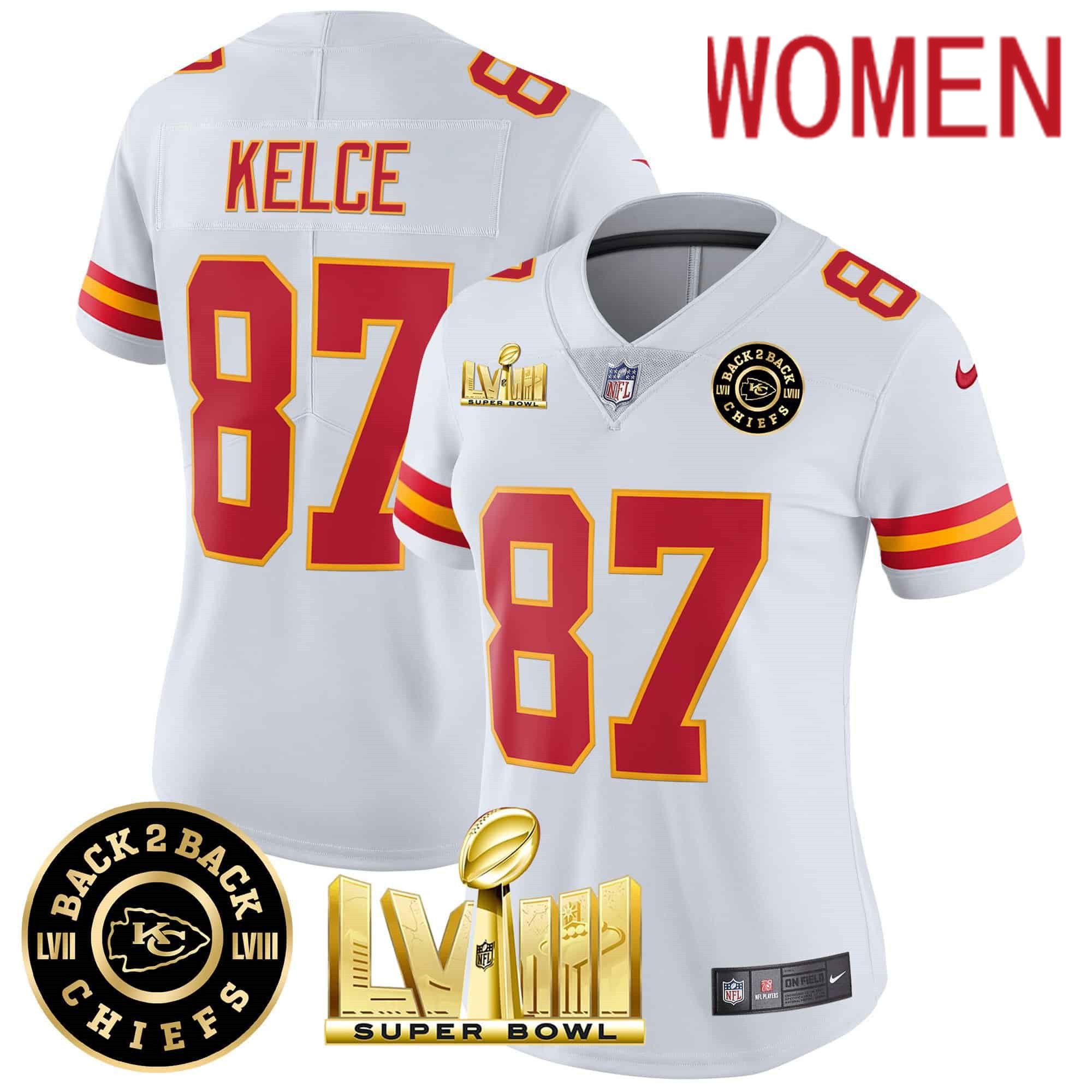 Women Kansas City Chiefs 87 Kelce White 2024 Nike Super Bowl LVIII & Back 2 Back Patch Vapor NFL Jersey